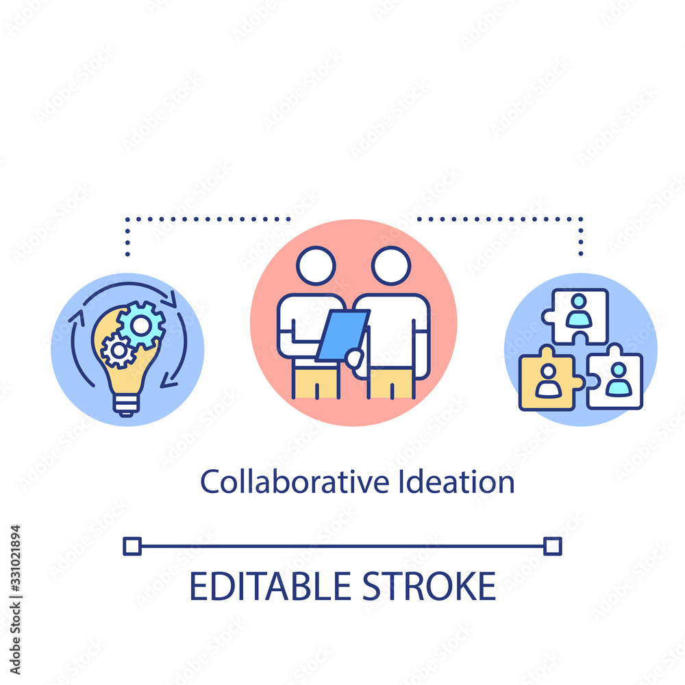 Collaborative ideation concept icon. Teamwork, partnership, cooperation idea thin line illustration. Brainstorming, idea generation. Vector isolated outline RGB color drawing. Editable stroke Collaborative ideation concept icon. Teamwork, partnership, cooperation idea thin line illustration. Brainstorming, idea generation. Vector isolated outline RGB color drawing. Editable stroke