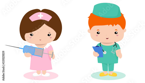Doctor and nurse with a syringe. vector illustration for children and medical presentations.
