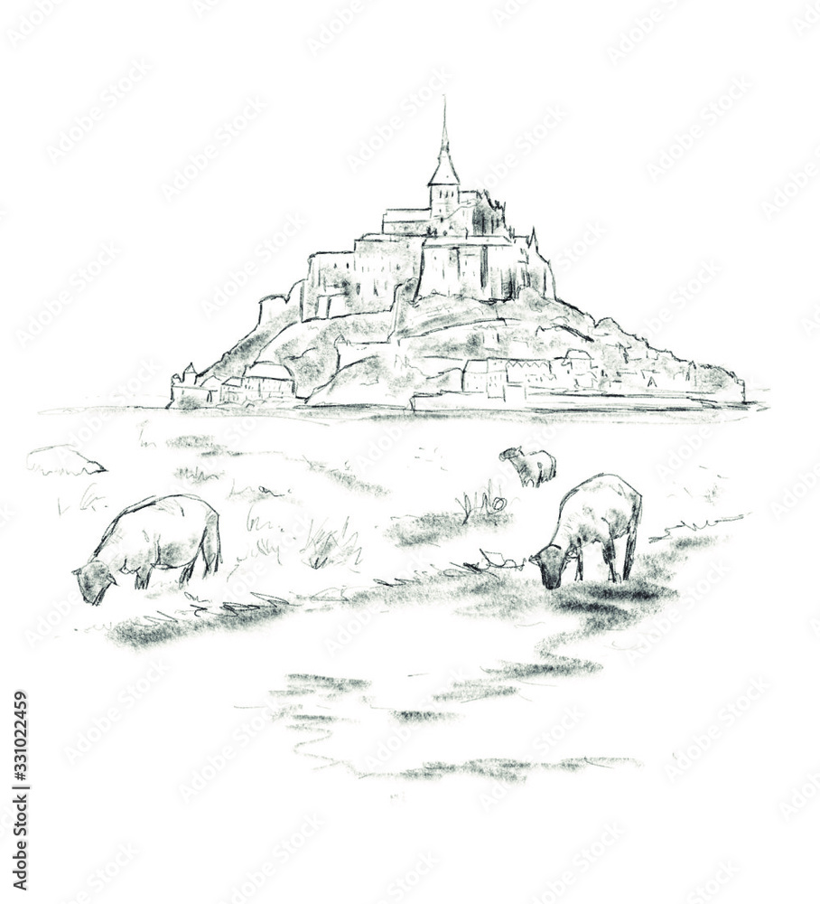 Sketch of Mont Saint Michel, - obrazy, fototapety, plakaty 