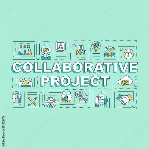 Collaborative project word concepts banner. Design studio. Partnership for work project. Infographics with linear icons on mint background. Isolated typography. Vector outline RGB color illustration