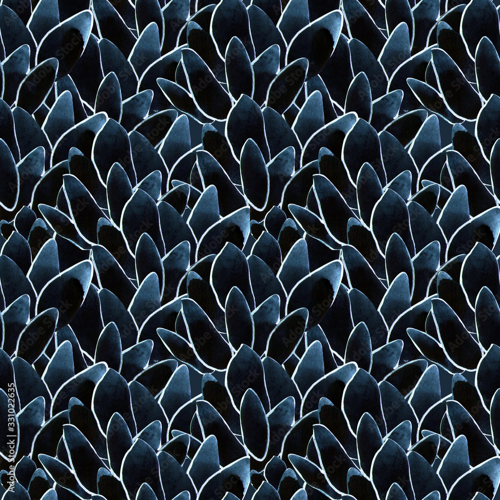 Obraz premium Seamless watercolor pattern with navy succulents on indigo background. Abstract desert plants, cactus. Hand painted, textile surface for fabric print, stationery and gift paper wrap