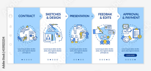 Design project onboarding vector template. Signing contract. Sketches and design, presentation. Responsive mobile website with icons. Webpage walkthrough step screens. RGB color concept