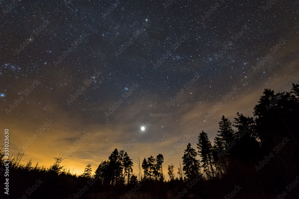 Blick auf den Sternenhimmel und die Venus im Roten Moor in der Rhön in Hessen, Deutschland