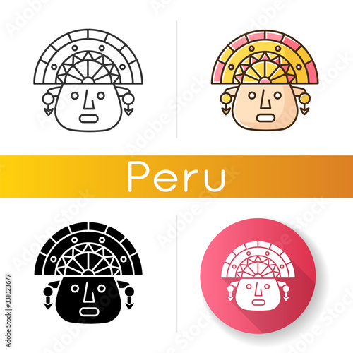 The Incas icons set. Man face in traditional inca headdress. Ancient south american ceremonial mask. Hispanic god. Peruvian culture. Linear, black and RGB color styles. Isolated vector illustrations