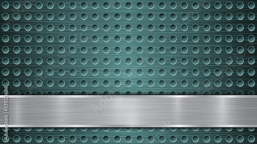 Background of light blue perforated metallic surface with holes and horizontal silver polished plate with a metal texture, glares and shiny edges