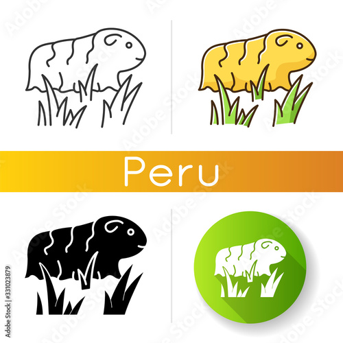 Guinea pig icons set. Shaggy rodent in grass. Pocket pet. Domestic cavy in fresh air. Cute little cavia. Local Peruvian wildlife. Linear, black and RGB color styles. Isolated vector illustrations