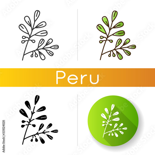 Coca icons set. Branche of cocaine tree. Erythroxylum coca. Hispanic narcotic agriculture. Raw material for drug manufacture. Linear, black and RGB color styles. Isolated vector illustrations