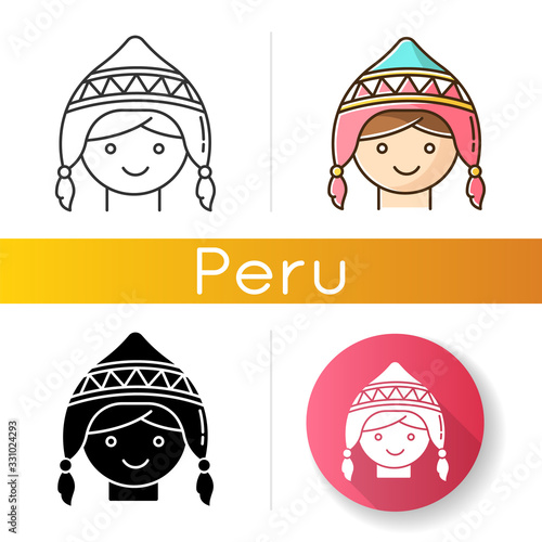 Handknit hat icons set. Cute peruvian girl in chullo. Traditional woolen headwear with ear flaps. Andean culture. National costume. Linear, black and RGB color styles. Isolated vector illustrations