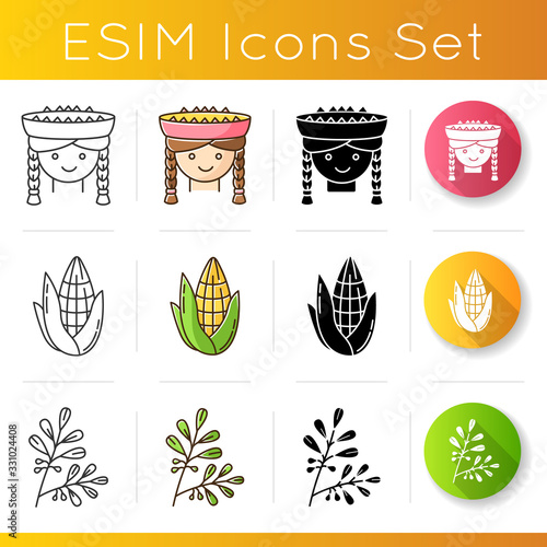 Peru icons set. Hiapanic traditions and agriculture. Peruvian girl, corn, coca. Latin American features. mayan country travel. Linear, black and RGB color styles. Isolated vector illustrations