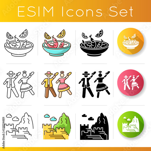 Peru icons set. Latin American tour. Ceviche, marinera, Machu Picchu. Andean country features. Peruvian cuisine, dance, history. Linear, black and RGB color styles. Isolated vector illustrations