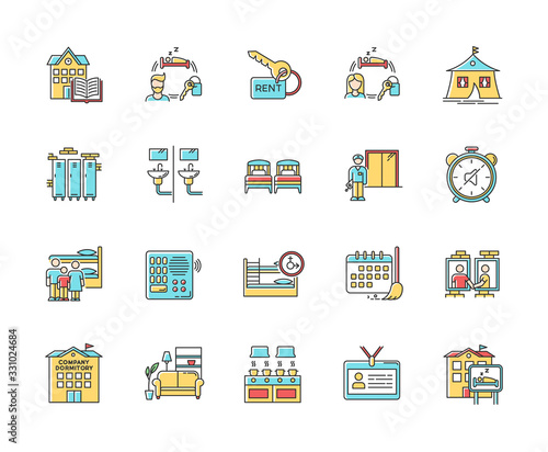 Dormitory RGB color icons set. Communal space. Living accommodations. Hostel, hotel. Shared room. Common bedroom. University campus. Isolated vector illustrations