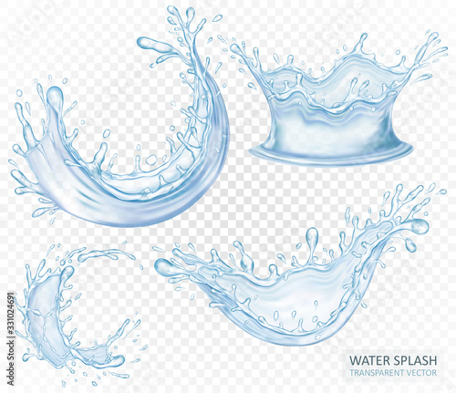 Realistic water splash set isolated on light transparent background. Blue liquid waves. Vector illustration design.