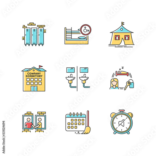 Living in dormitory RGB color icons set. Lockers. Mixed bedroom. Company dorm. Neighborhood. Cleaning schedule. Quiet hours. Communal bathroom. Isolated vector illustrations