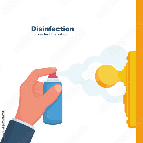 Close-up disinfection of door handles. Spraying disinfectant alcohol to the handle of a door. Vector illustration flat design. Prevention concept. Controlling the epidemic of coronavirus.