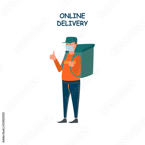Poster concept for home delivery. Restaurant or supermarket delivering food at doorstep in quarantine. Sitting home and Order online food at anytime.
