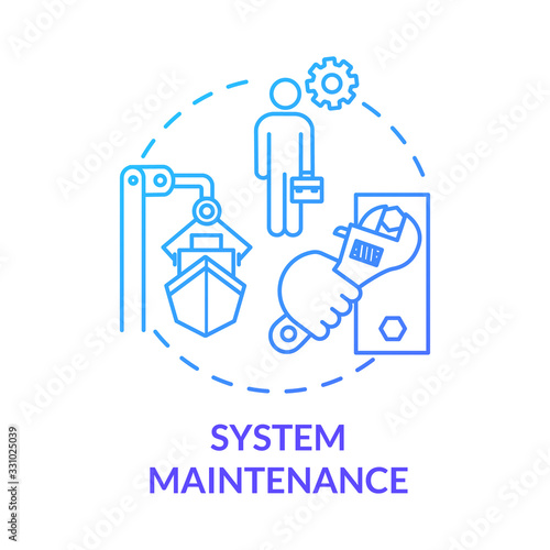 System maintenance blue concept icon. Shipbuilding worker. Boat in dry dock. Ship maintenance engineer. Watercraft idea thin line illustration. Vector isolated outline RGB color drawing
