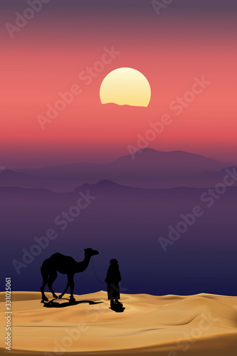 Arab man with camel walking in desert sands with sunset in evening,Vertical Scenery of sun over moutains during twilight in magenta color above desert and sand dunes.