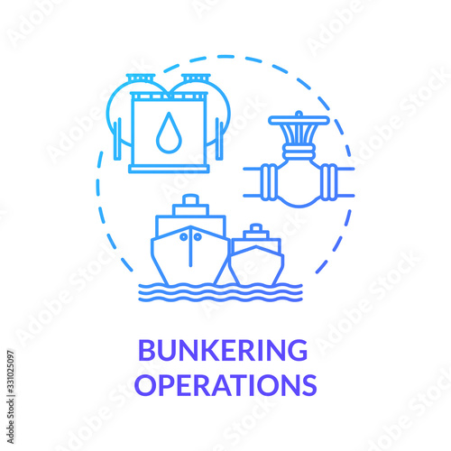 Bunkering operation blue concept icon. Supplying ship with fuel. Providing petroleum to boat. Vessel maintenance idea thin line illustration. Vector isolated outline RGB color drawing