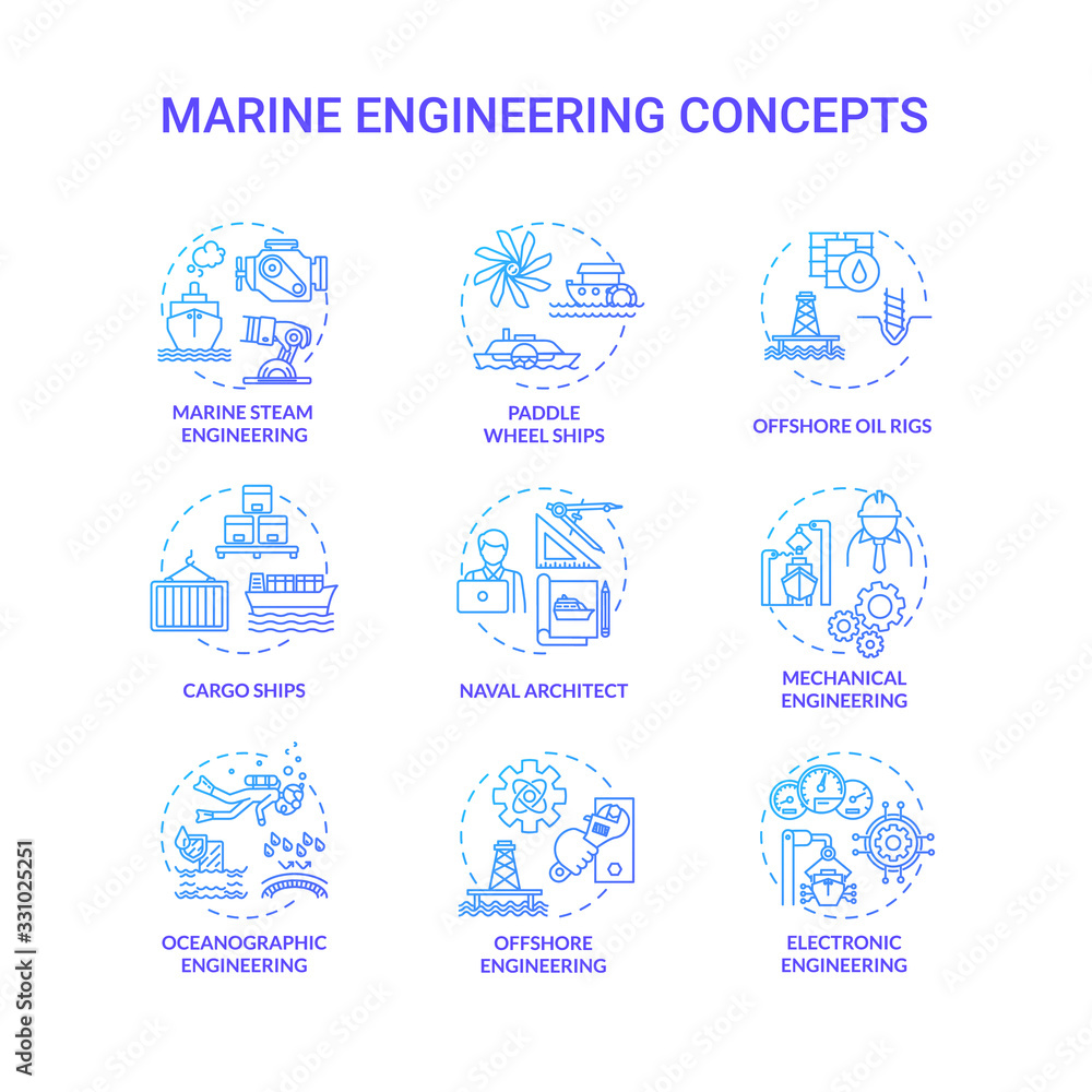Marine engineering blue concept icons set. Paddle wheel ship. Offshore oil rig. Ship operation. Water vessel maintenance idea thin line RGB color illustrations. Vector isolated outline drawings
