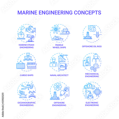 Marine engineering blue concept icons set. Paddle wheel ship. Offshore oil rig. Ship operation. Water vessel maintenance idea thin line RGB color illustrations. Vector isolated outline drawings