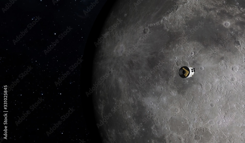 Modul Apollo 8 flying to the Moon. Space exploration program. 3d illustration.