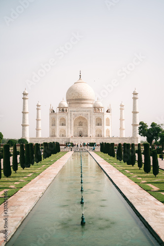 Taj Mahal, Agra in mid day with garden and fountain in front
