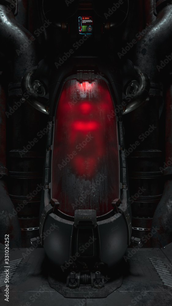 Cryogenic hibernation capsule with human body inside illuminated with ...