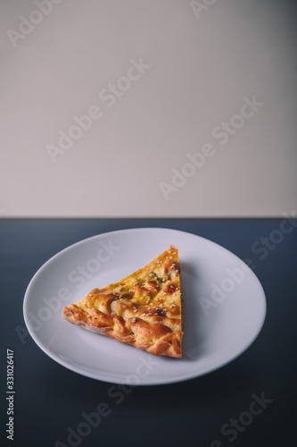 Piece of meat and carrot pie on white plate on black wooden background. Tasty healthy food. Diet  nutrition  eating habits concept. Place for text