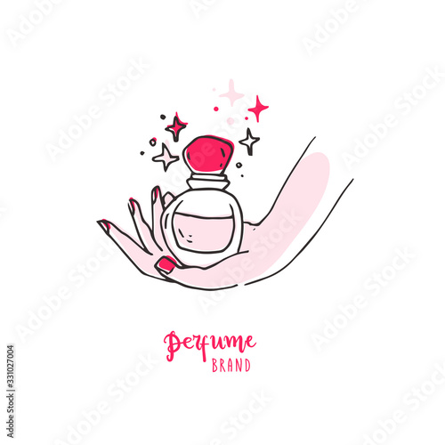 Doodle simple hand with perfume bottle. Good for logo
