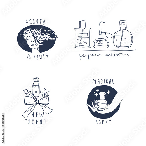 Perfume and cosmetics logo collection. Hand drawn illustrations.