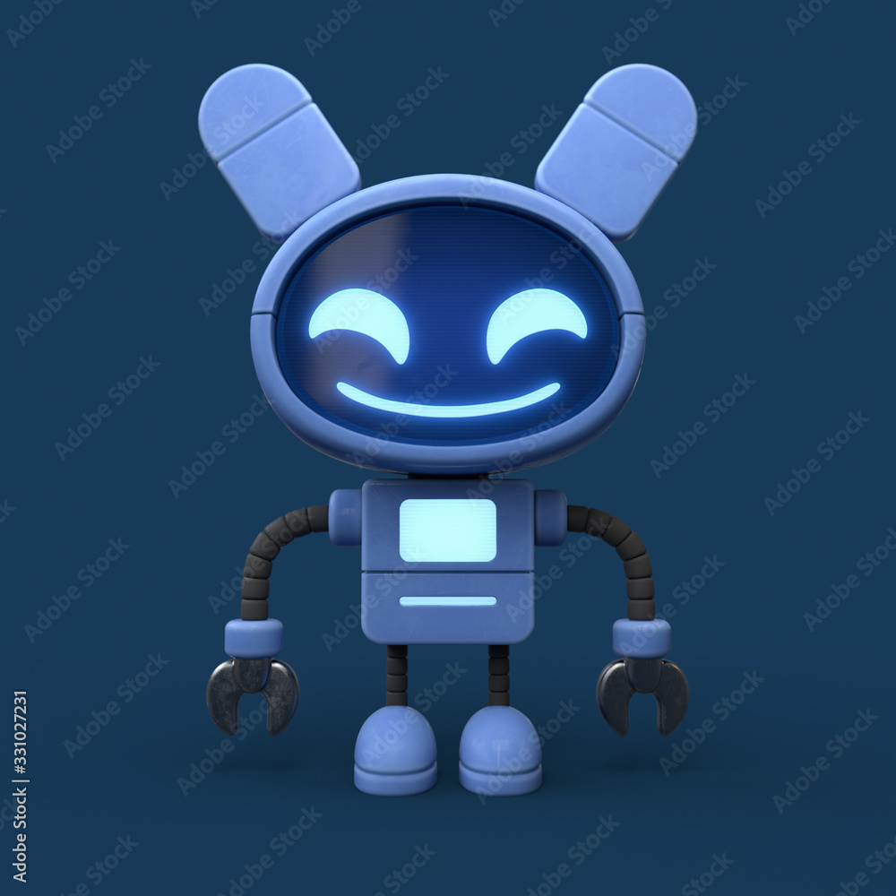 Little cute blue robot with ears. Friendly kawaii bot with glowing smiling  face on the screen. Lovely Robotic Toy. Concept art of funny personal  assistant robot. 3d illustration on blue background. Stock