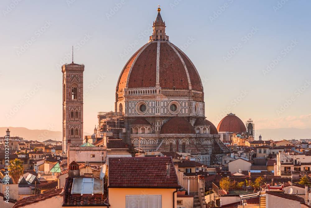 Rooftop skyline panorama of Cathedral of Santa Maria del Fiore (Duomo) dome in Florence, Tuscany, Italy