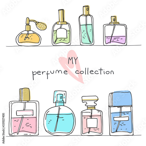 Perfume collection stand on a shelf. Doodle glass bottles set.