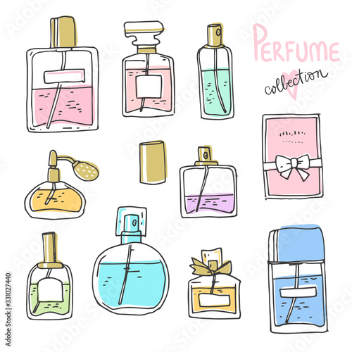 Perfume collection. Doodle glass bottles set. Vector illustration