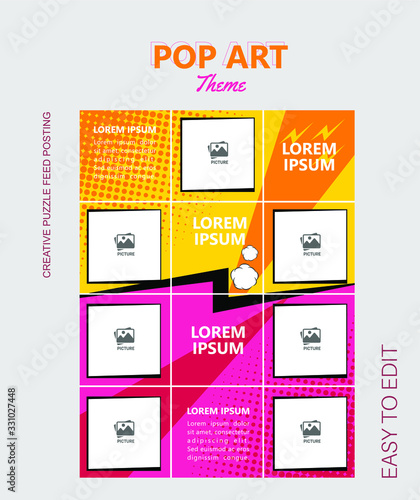 modern social media post feed, instagram feed, pop art, blue, minimalist.