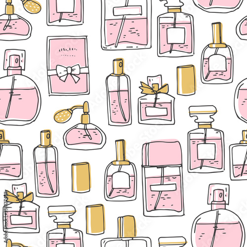 Perfume seamless pattern. Doodle glass bottles. Vector illustration