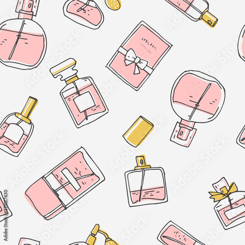 Perfume seamless pattern. Doodle glass bottles. Vector illustration