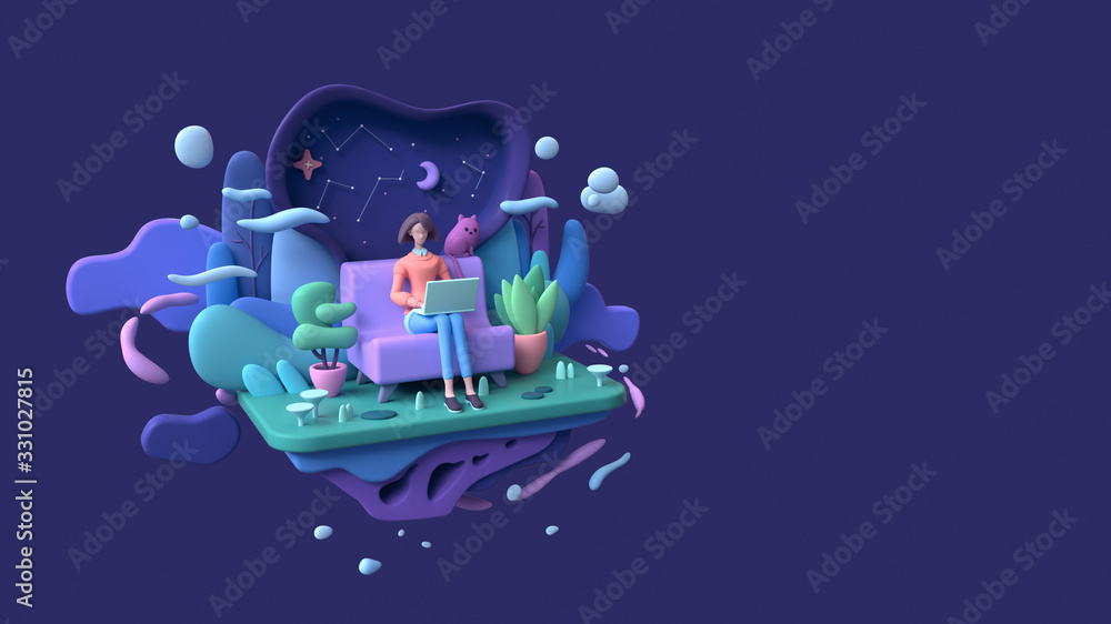 Brunette woman with a laptop sitting on a sofa late at night. Abstract concept art lazy sedentary lifestyle of a young freelancer working from home with cat, plants. 3d illustration on blue background