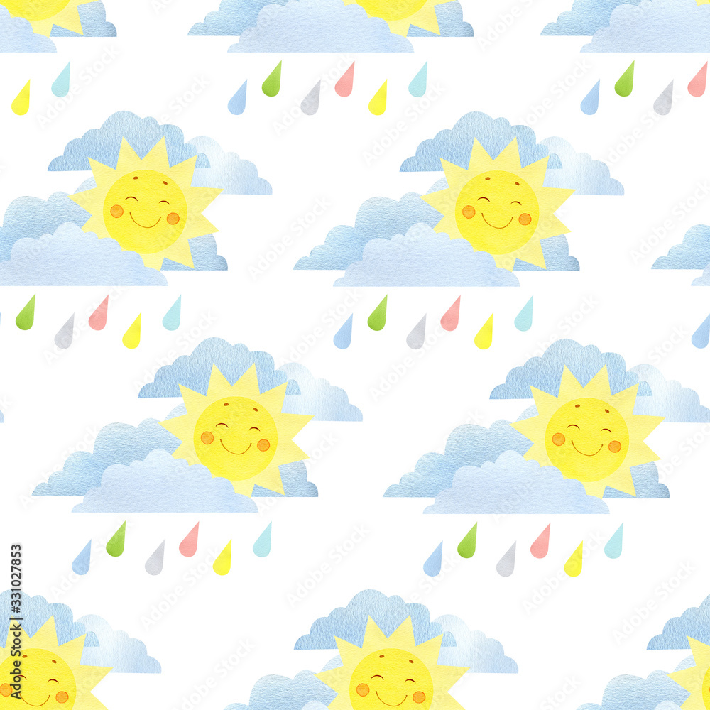 Watercolor cartoon cute sun with cloud isolated on white background. Watercolor color rain. The lovely sun shines and smiles pattern. Seamless attern for baby textile, dishes, toys, book, paper, card.