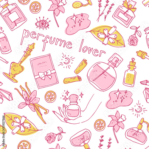 Perfume lover seamless pattern. Doodle glass bottles. Vector illustration