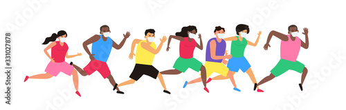 group of running people in protective masks coronavirus covid 19 threat sport competition vector illustration