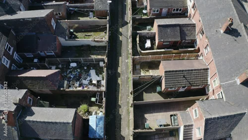 Overhead aerial footage of terrace housing in one of Stoke on Trent's