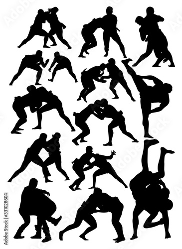 set of silhouettes of sumo wrestling  vector
