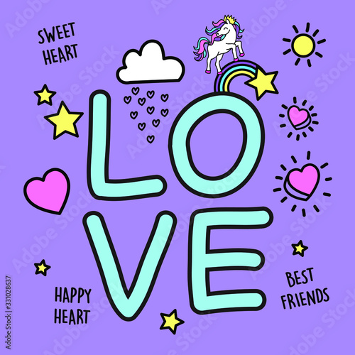 LOVE WITH CUTE ELEMENTS, SLOGAN PRINT VECTOR photo