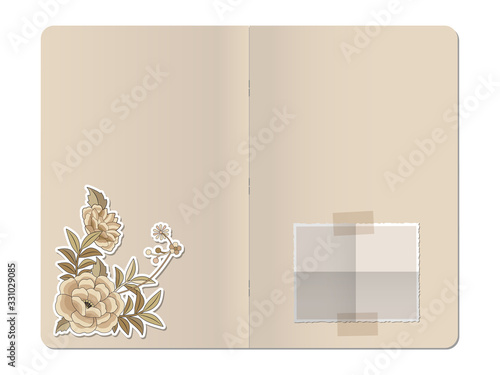Blank stapled notebook with folded blank photo paper and die cut flowers illustration in vintage retro style