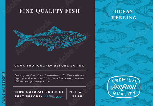 Premium Quality Herring Abstract Vector Packaging Design or Label. Modern Typography and Hand Drawn Sketch Fish Pattern Background Seafood Layout