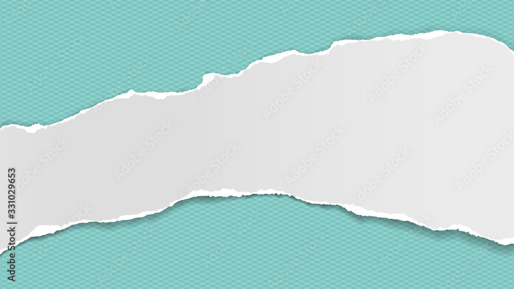 Piece of torn, ripped white paper with soft shadow is on squared turquoise background for text. Vector illustration Piece of torn, ripped white paper with soft shadow is on squared turquoise background for text. Vector illustration
