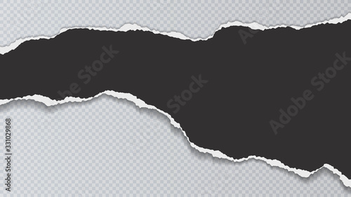 Pieces of torn, ripped black paper with soft shadow is on grey squared background for text. Vector illustration