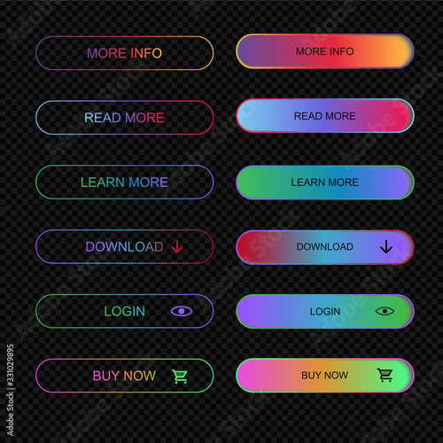 Set of modern neon buttons for website, infographic, mobile app.Navigation colorful buttons with text. Button icon for shop, game, banner.