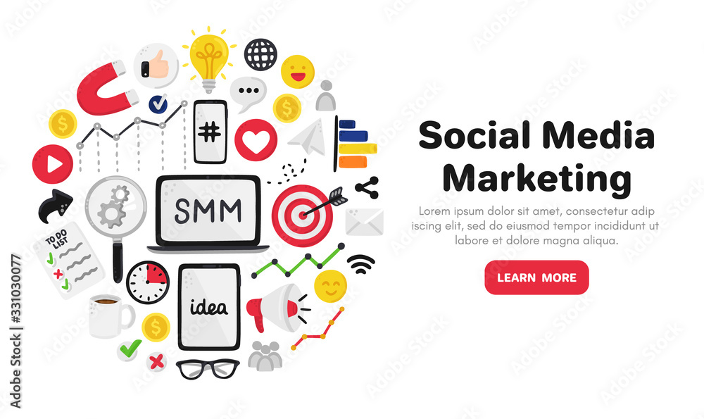 Naklejka Vector background with smm elements. Social Media Marketing. Reach and promotion among target audience. Landing page, banner, mailing, presentation, header. Advertising for marketers, digital agency